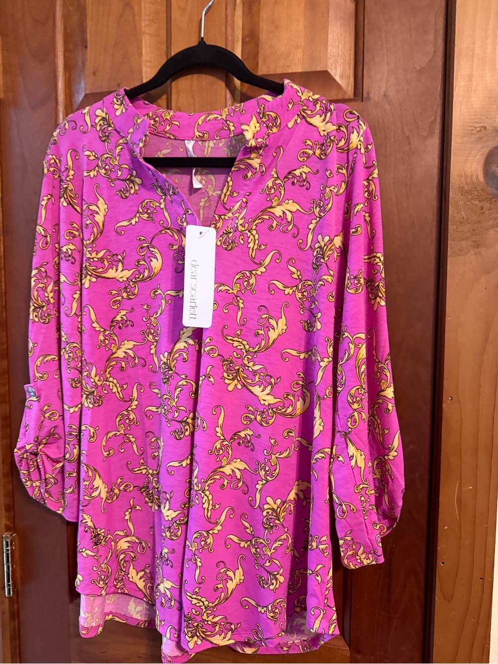 Dear Scarlett Women's Pink Scroll-Print V-Neck Blouse - Picture 2 of 7